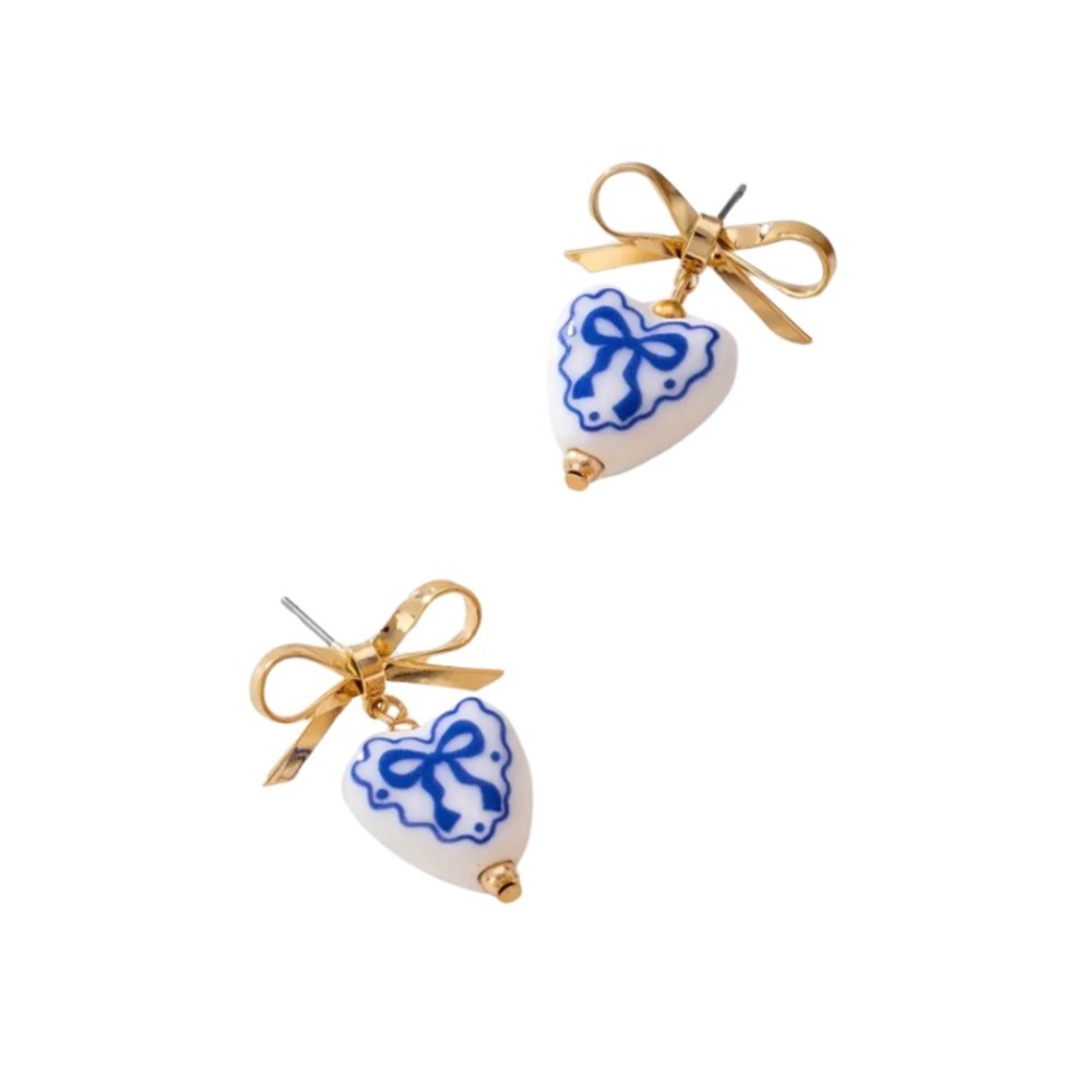 NEW Blue Toile Gold Porcelain Earrings